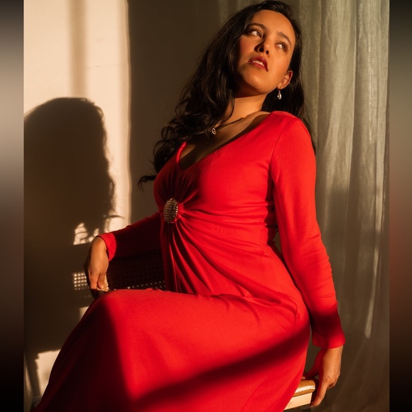 70s vintage Blood Orange Gold Medallion Gown - Picture 8 of 10